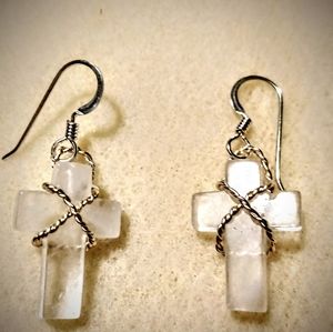 Cross clear quartz earrings